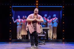 Kai Clifton (center) as Usher and the company of "A Strange Loop" at Calderwood Pavilion (Courtesy Maggie Hall Photography)