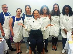 Chef Chang, center, tasted treats prepared by a group of competitors, from left, Chuck Carnigan, Laura Donahue, Wells Johnston, Palak Patel, Nicole Potito and Jaye Smith. Photo courtesy of Ellis Early Learning.