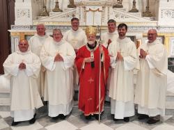 Cardinal O'Malley ordained his last class of deacons as Archbishop of Boston on Saturday, September 22 at the Cathedral.  The seven men joined him for a group photo after the Mass.  Photo by Patrick O'Connor..